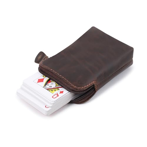 Premium Full-Grain Leather Playing Card Case Zippered Card Deck Holder for Poker and Bridge Travel Accessory Secure Multi-Purpose Wallet Compatible for Pockemon Cards Holder Brown