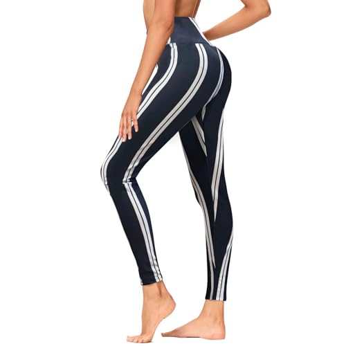 GAYHAY High Waisted Leggings for Women - Soft Opaque Slim Tummy Control Printed Pants for Running Cycling Yoga Small-Medium A-blue White Striped