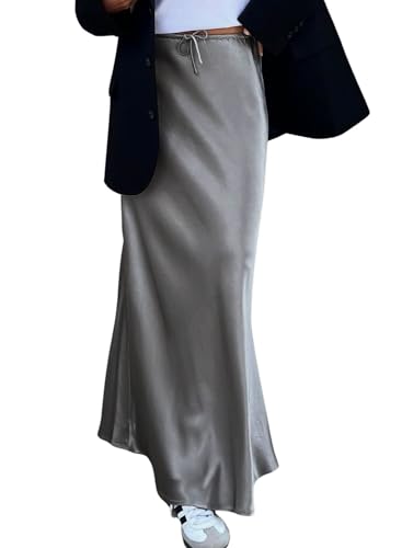 ebossy Women's Elegant Satin Silk Maxi Skirt Drawstring High Waisted A-line Cocktail Party Long Skirt