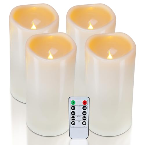 Image of Homemory 4 inch x 8 inch Waterproof Outdoor Flameless Candles, Battery Operated Flickering LED Pillar Candles with Remote and Timers for Indoor Outdoor Lanterns, Long Lasting, Large, Dark Ivory, Set of 4