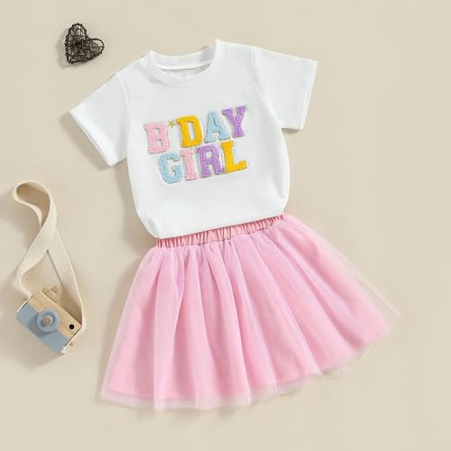 Baby Mädchen Geburtstag Outfit Kurzarm Brief Stickerei T-Shirt Mit Regenbogen Tüll Rock Baby Mädchen Geburtstag Prinzessin Tüllrock Geburtstag Spitzen Tutu Rock Outfit (Rosa-C, 4-5 Years)
