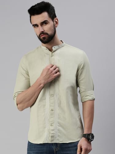 Image of SHOWOFFFF Men Solid Casual Shirt | Mandarin Collar Full Sleeves Cotton Shirt for Mens | Slim Fit Regular Length Shirt for Men's