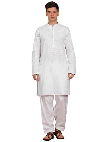 Image of See Designs Men's Full Sleeve Mandarin Collar Chikankari Embroidered Straight Kurta with Salwar