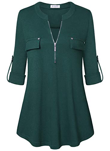 Image of Bulotus 3 /4 Length Sleeve Womens Striped Tops Zipper V Neck Collared Blouses Business Casual Tunics 2026 Spring Trendy