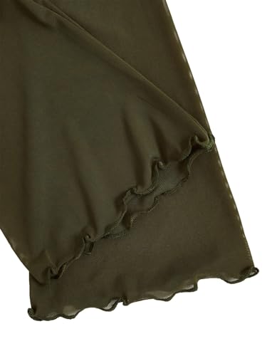 Image of Verdusa Women's Sheer Shrug Crop Top Long Sleeve Tie Front Lettuce Trim Mesh Open Cardigan Top Mesh Army Green X-Large