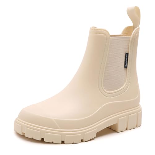 DRECAGE Botas de Agua Mujer Chelsea Lluvia Botines Impermeable Antideslizante Wellington Botas Jardín Trabajo Boots Beige 40
