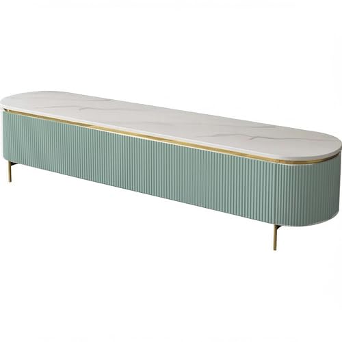 Image of Mazzo Modern TV Unit /Console - 70 inchx12 inchx18 inch White Marble Top with Golden Acrylic, Waterproof Plywood & Charcoal Louvers - Media Cabinet | Modern TV Stand Console Without Storage (Green)