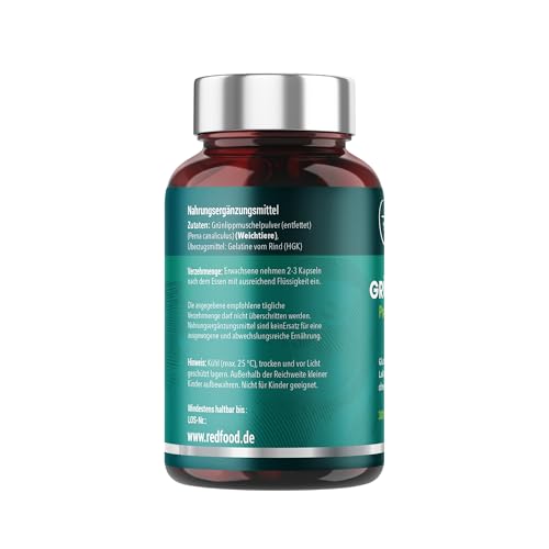 GRÜNLIPPMUSCHEL PREMIUM KAPSELN 1500 MG GRÜNLIPPMUSCHELPULVER PRO PORTION HOCHDOSIERT XXL DOSE 300 KAPSELN 5-3 MONATSVORRAT OHNE MAGNESIUMSTEARATE MADE IN GERMANY VON REDFOOD