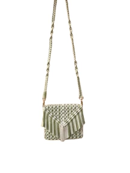 Handmade Macrame Sling Bag, Green and White, Cotton, Inch, Boho Fringe Style, Women's Crossbody Purse-picture-46
