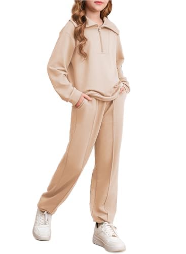 Image of blibean Girls Fall Sweatsuits Half-Zip Collared Sweatshirt & Jogger Pants Set School Tracksuit Size 6-15 Years