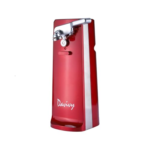 Davivy Electric Can Opener for One Touch Lid Opening,Removable Stainless Steel Cutter and 3- in-1 Design with Knife Sharpener and Bottle Opener, Red