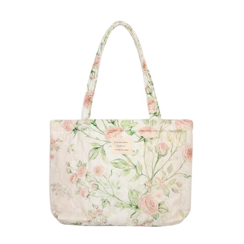 Image of Floral Quilted Cotton Shoulder Bag for Women Medium Size Handbag Large Capacity Thickened Design Tote