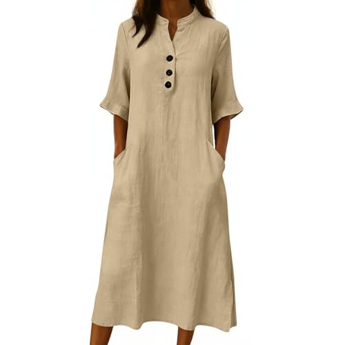 Robe en lin femme manches courtes couleur unie premium