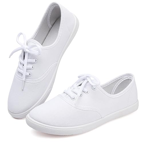 Image of Womens White Canvas Sneakers Lightweight Lace Up Fashion Comfortable Canvas Shoes Low Top Slip On Casual Tennis Walking Shoes Women Footwear