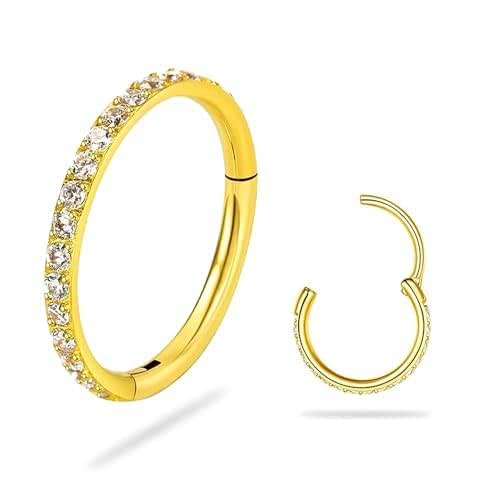 SmileBelle 14K Gold Hinged Titanium Nose Rings Hoop for Women 20G, 316L Surgical Steel Clicker Septum Ring, Hoop Huggie Earring for Upper Lobe Cartilage Helix Piercing Jewelry (8mm-20g)