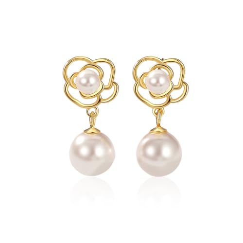 Reffeer Solid 925 Sterling Silver Imitation Pearl Drop Earrings for Women Teen Girls Pearl Flower Drop Earrings Wedding