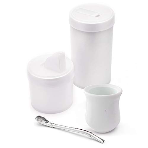 BALIBETOV Juego Moderno Mate - Contenedor de Yerba Mate (Yerbero) Contenedor de azúcar Calabaza Mate y Bombilla Incluido - Todo Libre de BPA - Diseñado con Pico Matero para Servir Fácilmente (Blanco)