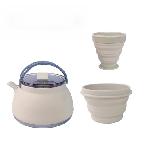 Hrzisda アウトドア、コンパクトキャンプ、旅行、コーヒーポットとして使える、持ち運びに便利なシリコン製折りたたみ式キャンプケトル。ハンドルとやけど防止機能付きの折りたたみ式調理器具です。 (ケトル(1.5L)+カップ1個(200ml)+ボウル1個(5