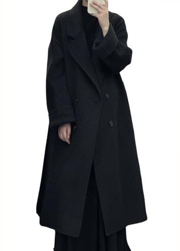 chouyatou Women's Winter Double Breasted Wool Coat Casual Loose Belted Notch Lapel Midi Long Woolen Coat