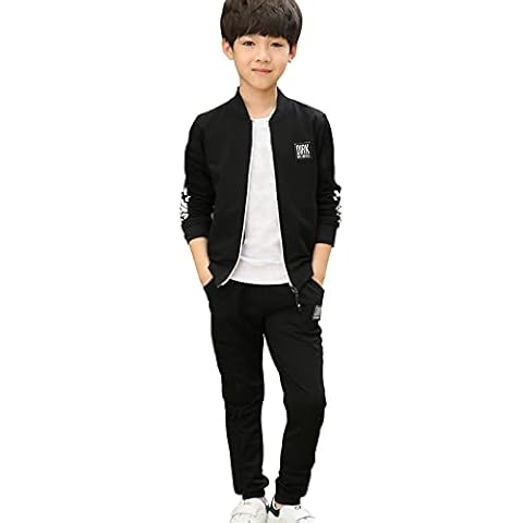 LPATTERN Kids Boys Cotton Tracksuit Jogging Suit 2pcs Sport Outfit Set(Baseball Jacket + Bottoms/Pants) with White Stripes for Spring & Autumn,Black,11-12 Years Cover