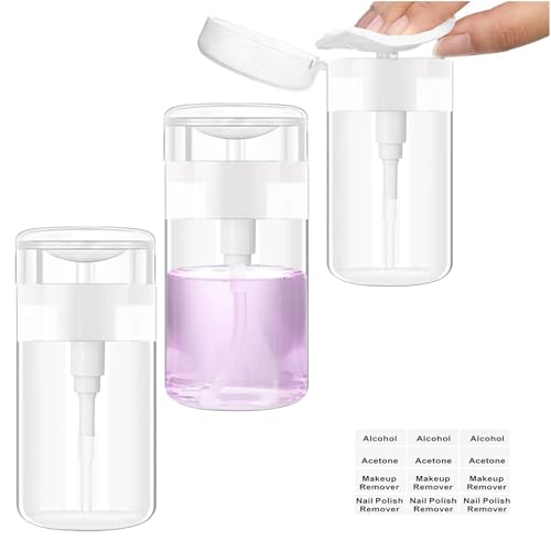 Moonlik 3Pack Acetone Dispenser, Push Down Pump Dispenser Nail Polish Remover Alcohol Bottle with Labels Empty Travel Container with Label for Makeup Liquid Jar 5.1oz/150ML