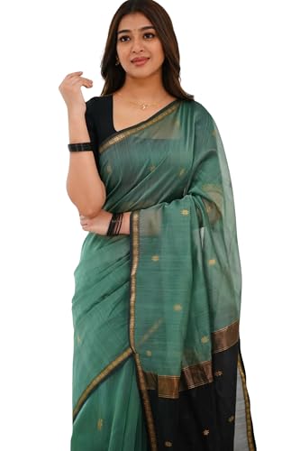 Image of ZECVA Women's Pure Soft Spun Cotton Lichi Silk Saree For Women With Attach Unstitch Blouse Piece