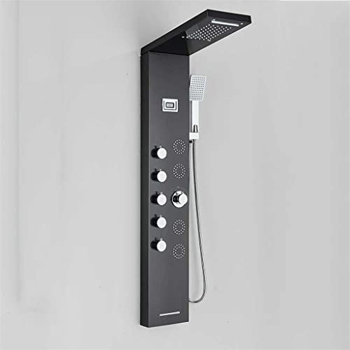 Panel de ducha con caída de agua y ducha de lluvia, grifería SPA con masaje, columna de ducha con pantalla de temperatura y mezclador miniatura 1