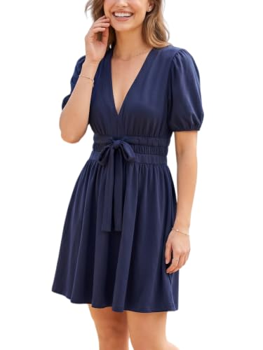 Image of Women's Cute Summer Short Puff Sleeve Tie Cotton Mini Dress