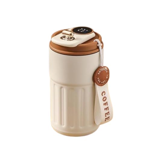 Image of Coffee Tumbler with Digital Temperature Display, 460 ml, 316 Stainless Steel, Vacuum Insulated, Leak-Proof Lid, Travel Mug, White Brown