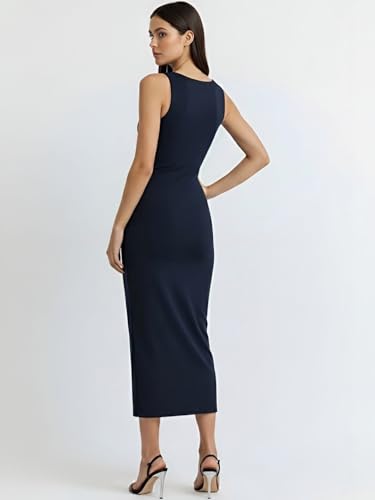 Image of Women's Sleeveless Midi Dress, Square Neck, Ruched Side, Bodycon Style with Slit