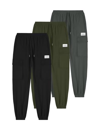 EXARUS 3 Pack Boys Cargo Joggers Pants Kids Cotton Quick Dry Lightweight Drawstring Hiking with Pockets Elastic Waist