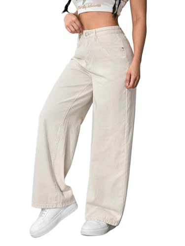 Image of Women's Off-White High Waist Denim Jeans | Straight, Relaxed, Wide Leg & Baggy Fit | High Rise Loose Oversized Denim Pants for Women | Comfortable Casual Everyday Wear | Oversized Woman baggys
