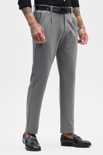Image of SNITCH Men Formal Trousers | Slim Fit Mid Rise Plain Design | Viscose Blend & Wrinkle-Resistant Fabric for Office
