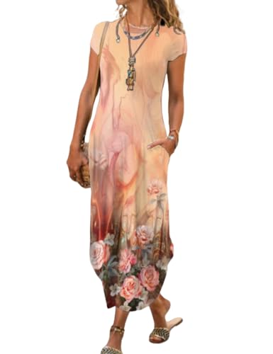 Image of Women Summer Casual Maxi Dress Floral Printed Loose Pockets Short Sleeve Split Boho Dresses