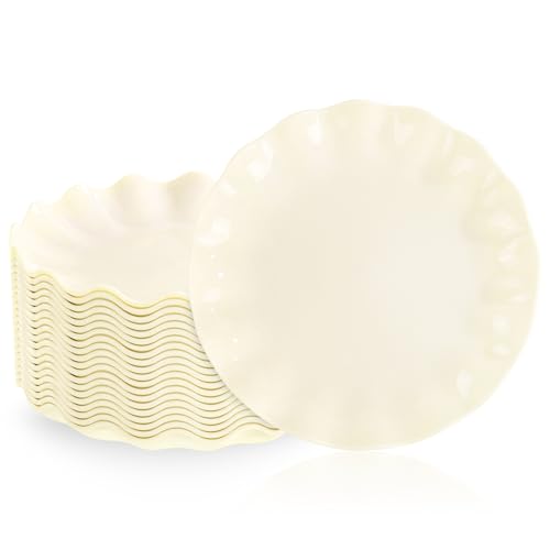 LIYH 20Pcs Plastic Plates Reusable - Unbreakable Plastic Dessert Plates - Scalloped Plate for Weddings Camping Party Outdoor Picnics Dishwasher Safe BPA Free Beige 7.5in (20Guests)