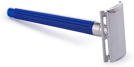 Double Edge Safety Razor, Open Comb, Classic 3-Piece Wet Shaving Razor, Blue Plastic Handle, with 2 piece Razor Blades, Fits All Double-edge Blades