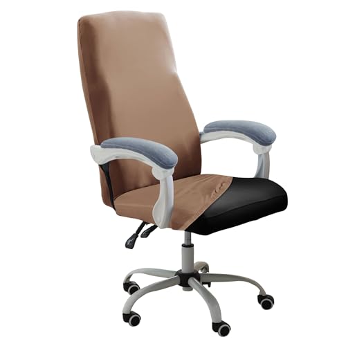 Image of HOKIPO 'SereneSolids' 140 GSM Office Chair Cover for Executive High-Back Chair - Stretchable Fabric, Washable & Anti-Slip - Fits Big & Tall Office Chairs, Dark Camel (AR-5220-DCML-L)