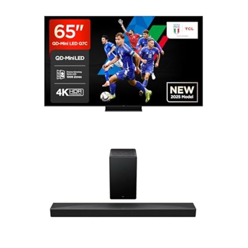 TCL Bundle of 65Q7C 65” QLED TV 4K QD-Mini LED Soundbar Q65H 5.1 con tecnologie Dolby Atmos e Ray-Danz Adattamento sonoro AI- HDMI eARC 2.1 e passthrough HDMI - Bluetooth 5.3