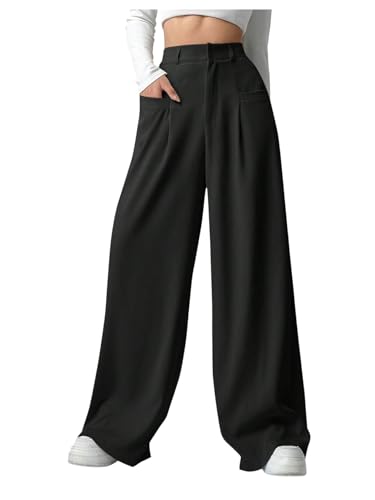 GORGLITTER Women's Office Work Wide Leg Fly Pleated Dress Pants Zipper High Waisted Loose Trousers