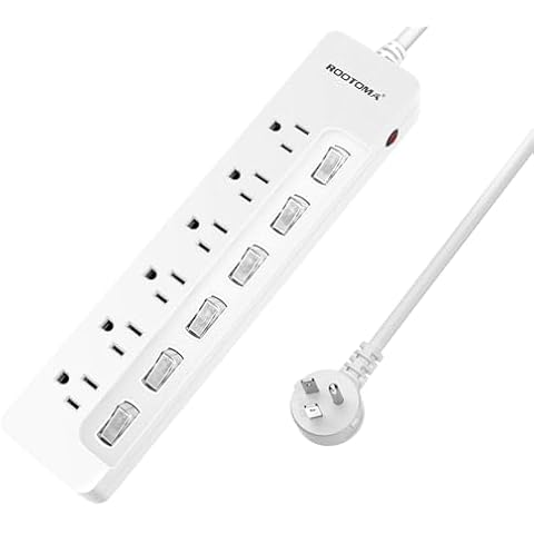 ROOTOMA Power Strip Surge Protector with Individual Switches,6-Foot 14AWG Long Extension Cord 1875W/15A Wall Mount for Office Dorm Home Theatre (6outlets-6ft) Cover