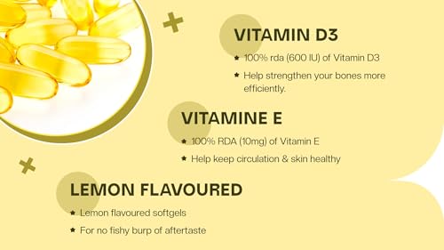 Image of La Nature's Omega-3 Gold 1000 mg Fish Oil Capsules with Vitamin D3 & E | Heart, Brain & Bone Support | Lemon Flavour | 70 Softgel Capsules