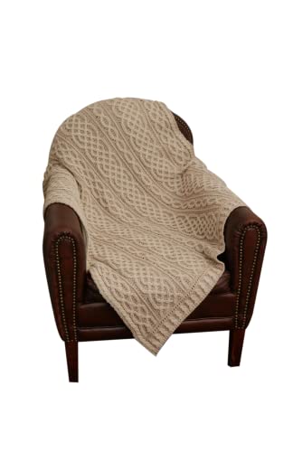 Carraig Donn Irish Cable Knit Blanket Celtic Aran Throw - 100% Merino Wool Made in Ireland - 40"x 55" (102 x 140) (White/Wicker)