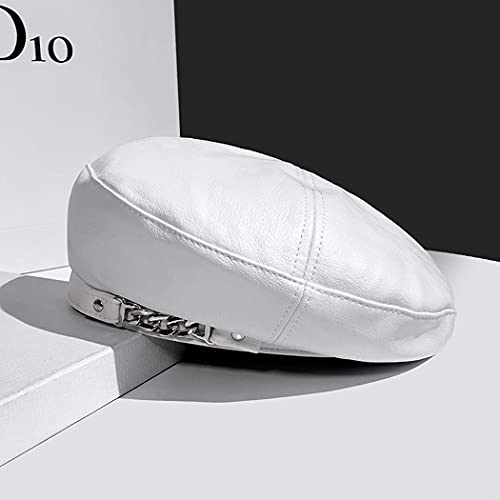 Teanea Fashion Soft Pu Leather Beret Hat Beanie With Chain Fashion Military Berets For Women, White #TOP2