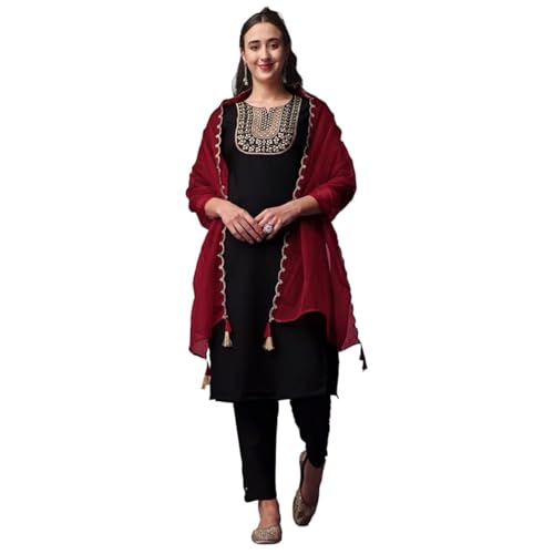 Image of Naixa Women's Viscose Rayon Embroidered Straight Kurta with Pant and Dupatta Set (NK-335)