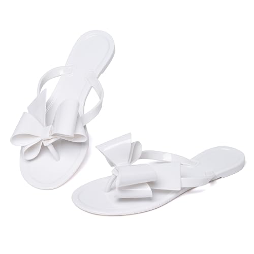 YANWENFANG Women Flip Flops Jelly Thong Waterproof Bow Summer Beach Rain Casual PVC Boho Vacation Flat Sandals
