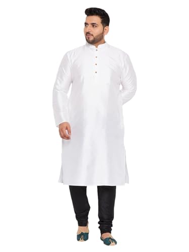 Image of Vastramay Plus Men's White Silk Blend Kurta Pyjama Set VPLUSMKWH001nPBL 44 | Independence Day