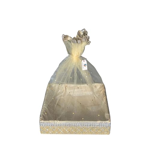 Image of (Small, 8x8x2 inch, Square, Beige-Stone Lace) MDF Base Designer Gift Hamper Packaging Baskets with Net Cover, Gift Hamper Organiser Perfect for Any Occasion