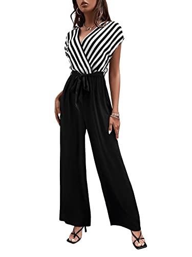 Sweatyrocks Women's Striped Short Sleeve Wrap Tie Front Wide Leg Pants Jumpsuit Romper Black White M #TOP4