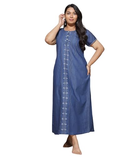Image of 9shines Label Stylish Denim Cotton Nighty Maxi for Women | Full Length Trendy Nightgown | Premium Nightdress | Nightwear | Embroidery Nighty with Pocket (9SDS)