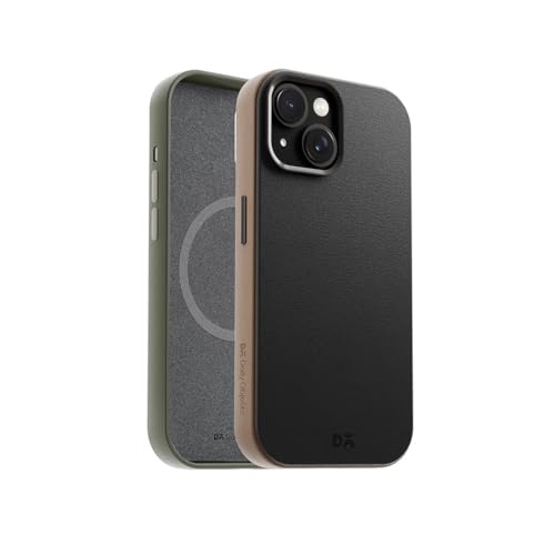 Image of DailyObjects Leatherite Case for iPhone 15 Compatible with MagSafe Wireless Charging | Black-Beige Hybrid Magnetic Back Cover